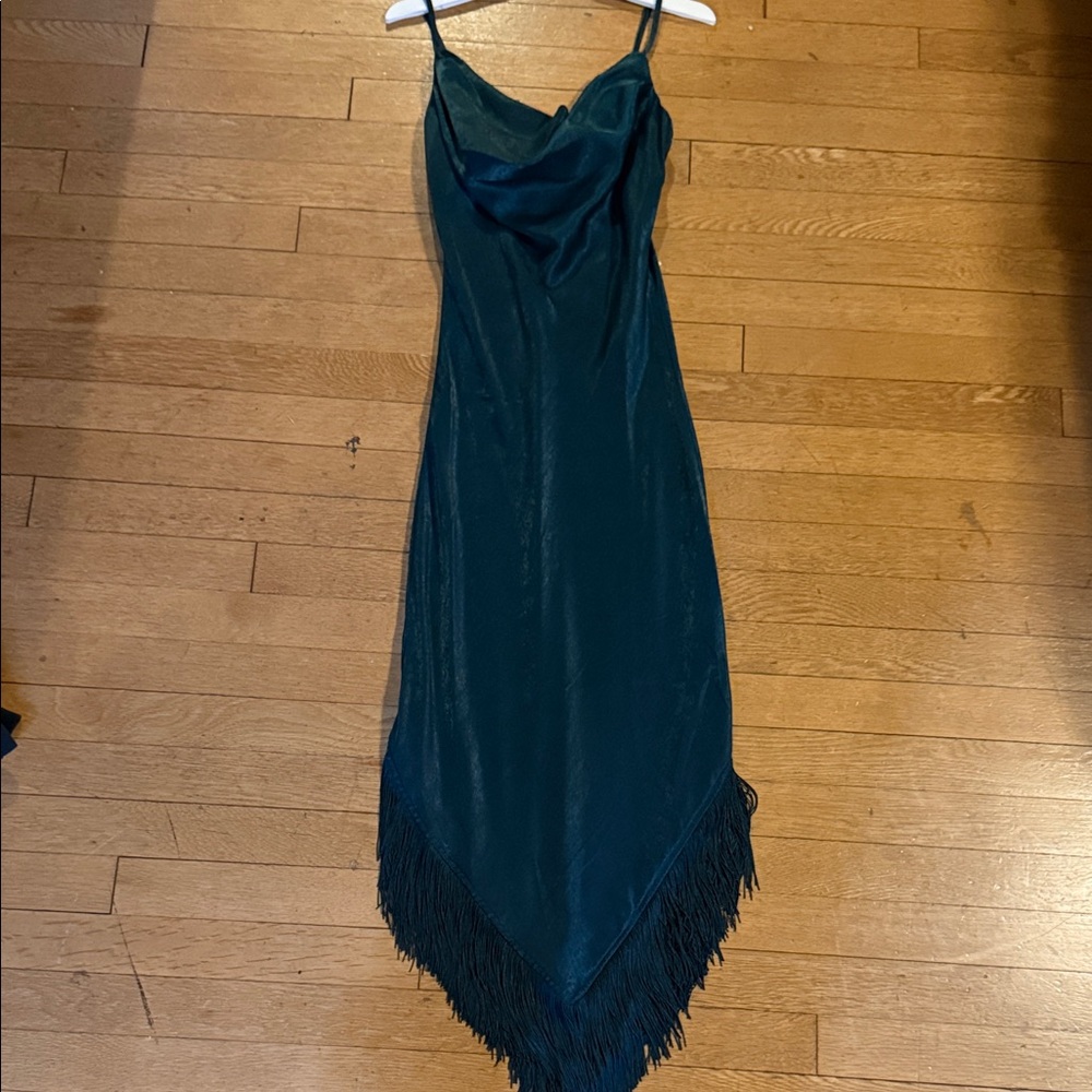 Emerald Green Fringe Slip Midi Dress